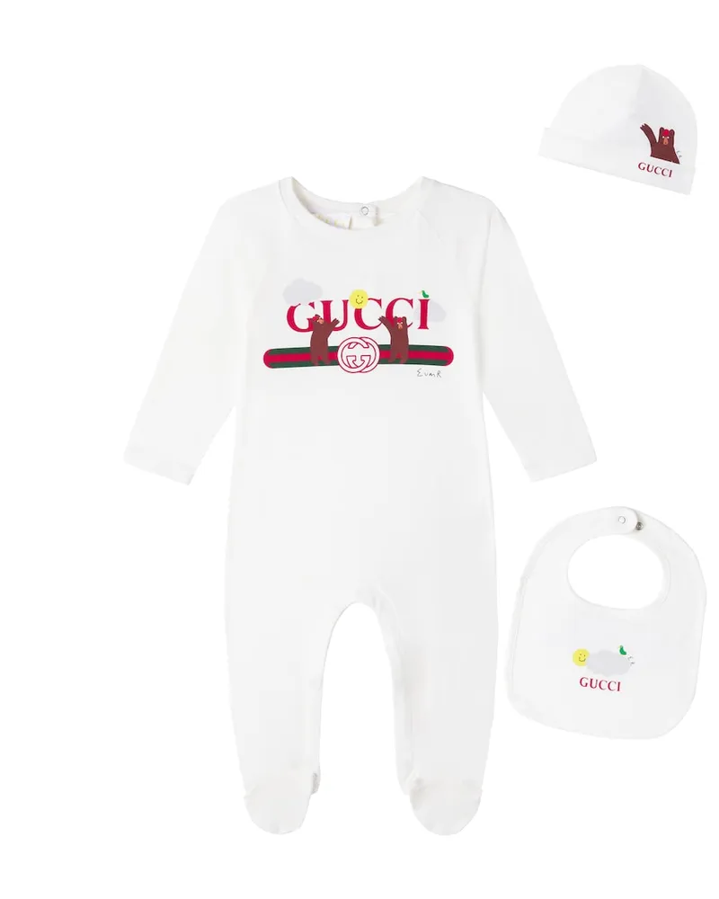 Gucci X Euan Roberts Baby Set aus Mütze, Lätzchen und Strampler Weiß