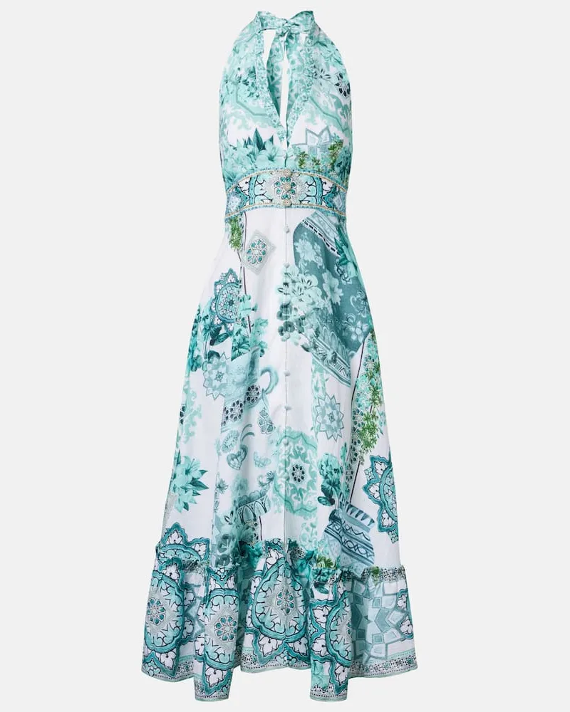 Camilla Verziertes Midikleid aus Leinen Grün
