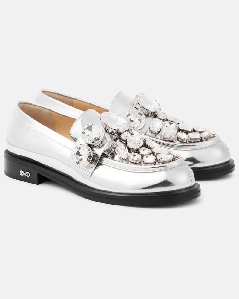 Mach & Mach Loafers aus Metallic-Leder mit Kristallen Silber
