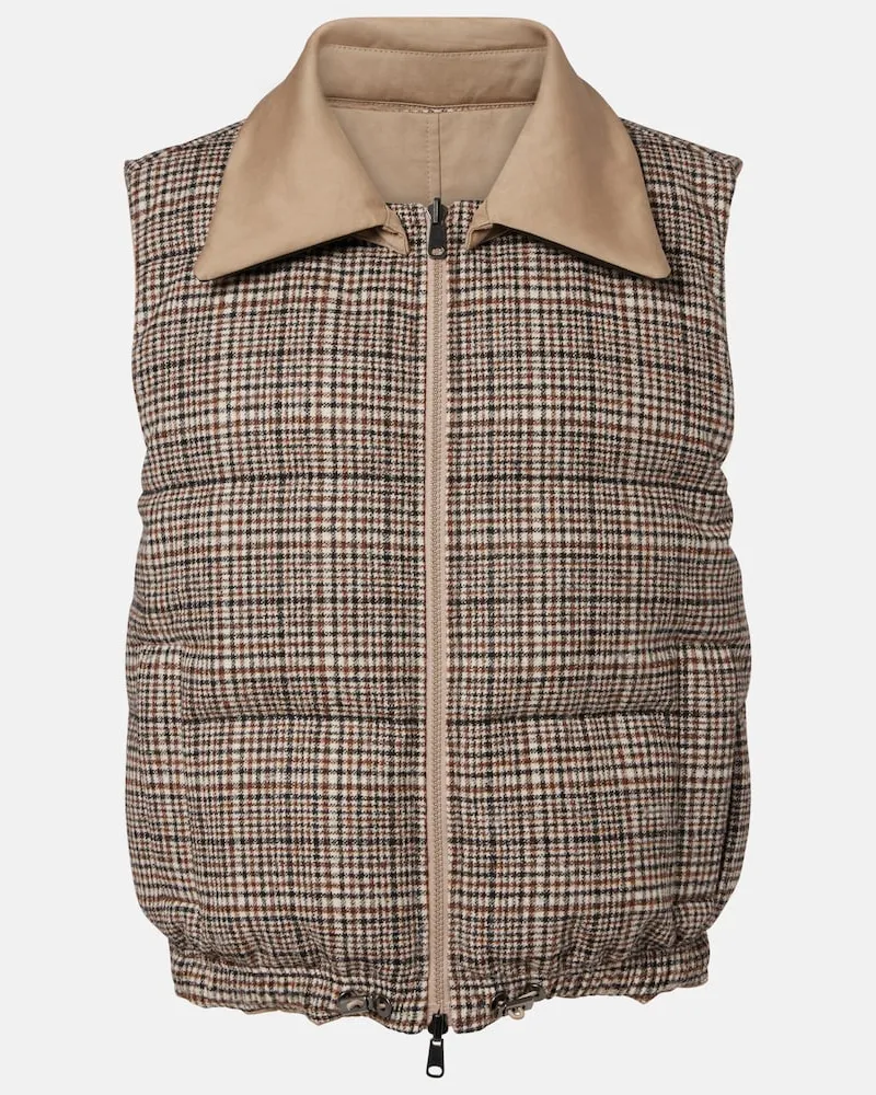 Brunello Cucinelli Daunenweste aus Baumwolle und Leinen mit Leder Beige