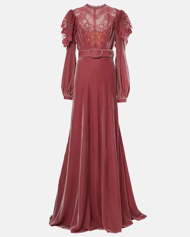 COSTARELLOS Robe Ashley aus Samt mit Spitze Pink