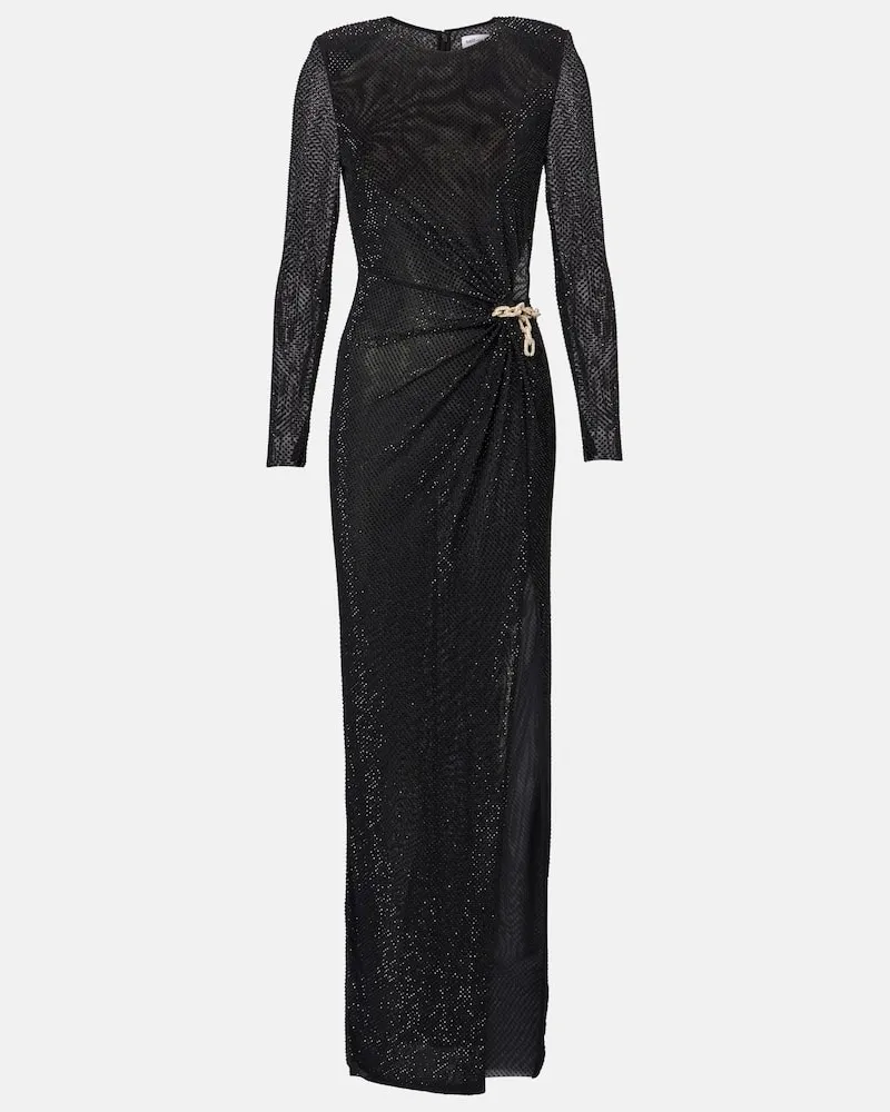 Self-Portrait Maxikleid aus Mesh mit Kristallen Schwarz