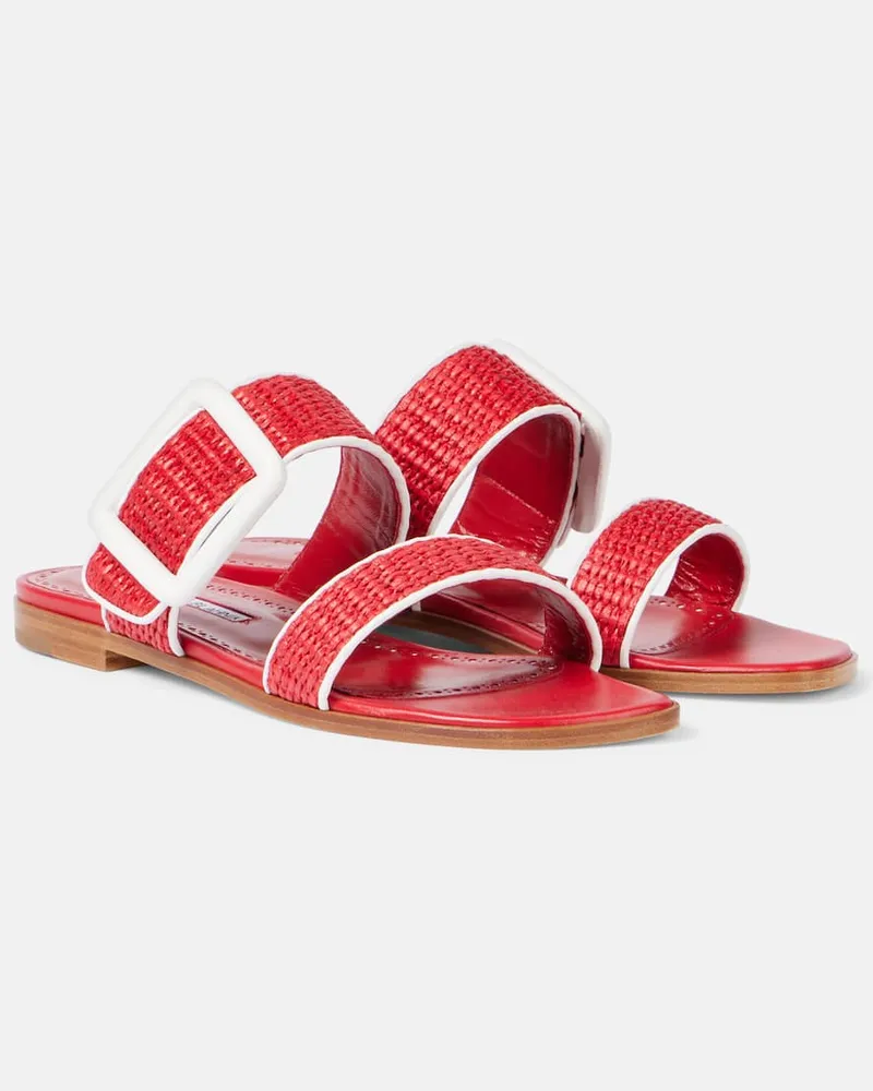 Manolo Blahnik Sandalen Tituba aus Raffiabast mit Leder Rot