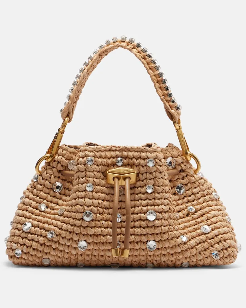 Jimmy Choo Verzierte Tote Bag Cinch Small aus Raffiabast Beige