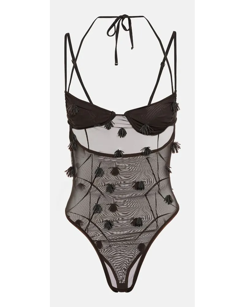 Jacquemus Bestickter Body aus Mesh Braun