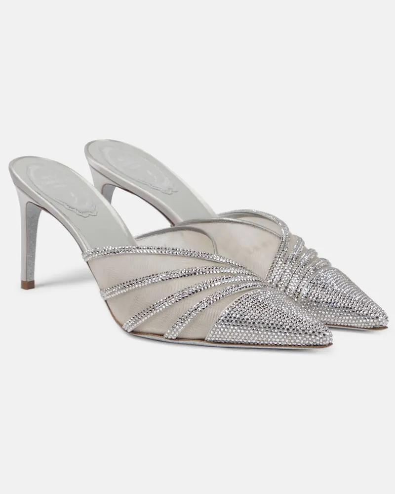 René Caovilla Bridal Verzierte Mules aus Satin und Mesh Weiß