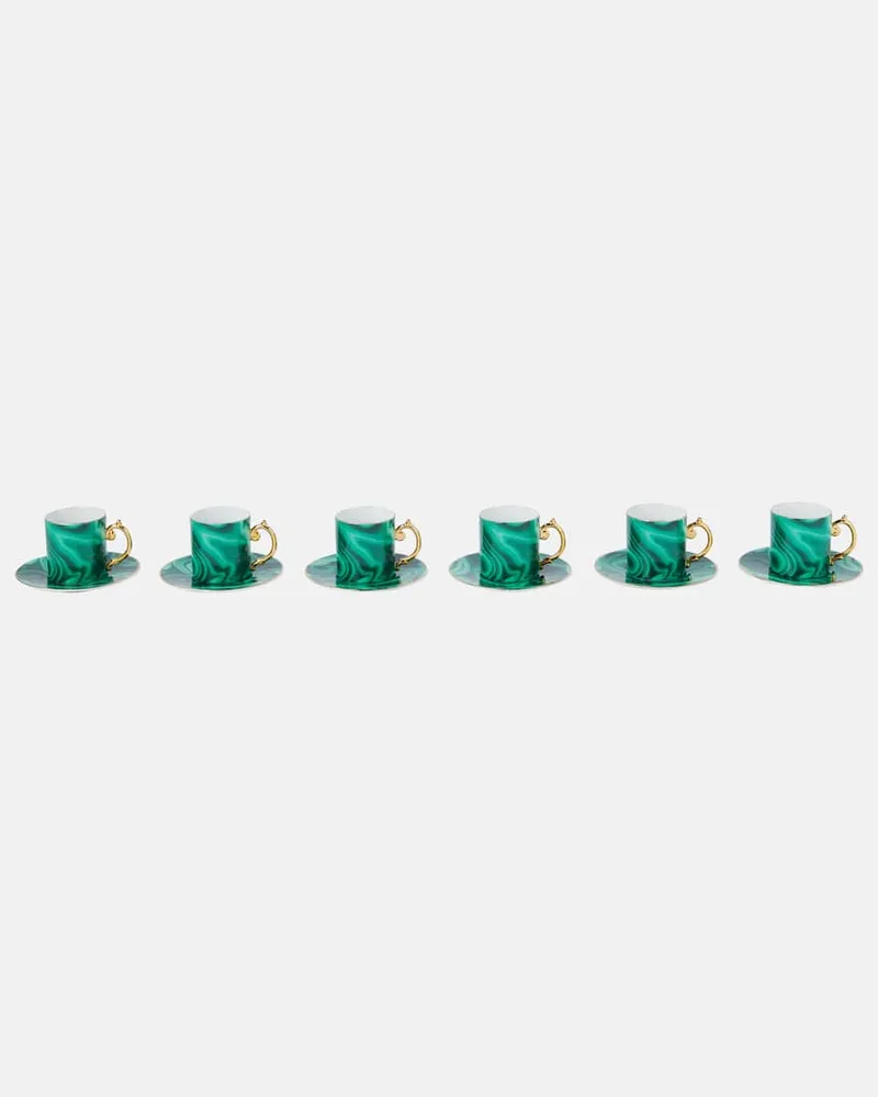 L’OBJET Set Malachite aus sechs Espressotassen und Untertassen Grün
