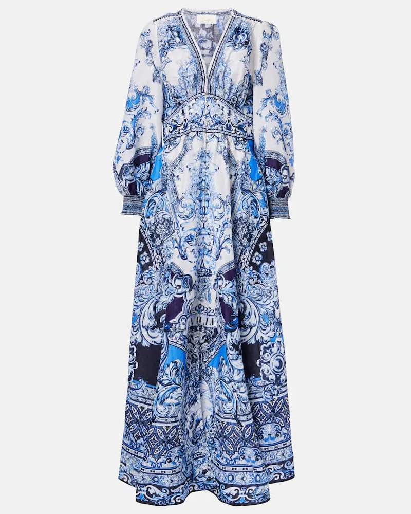 Camilla Bedrucktes Maxikleid aus Leinen und Seide Blau