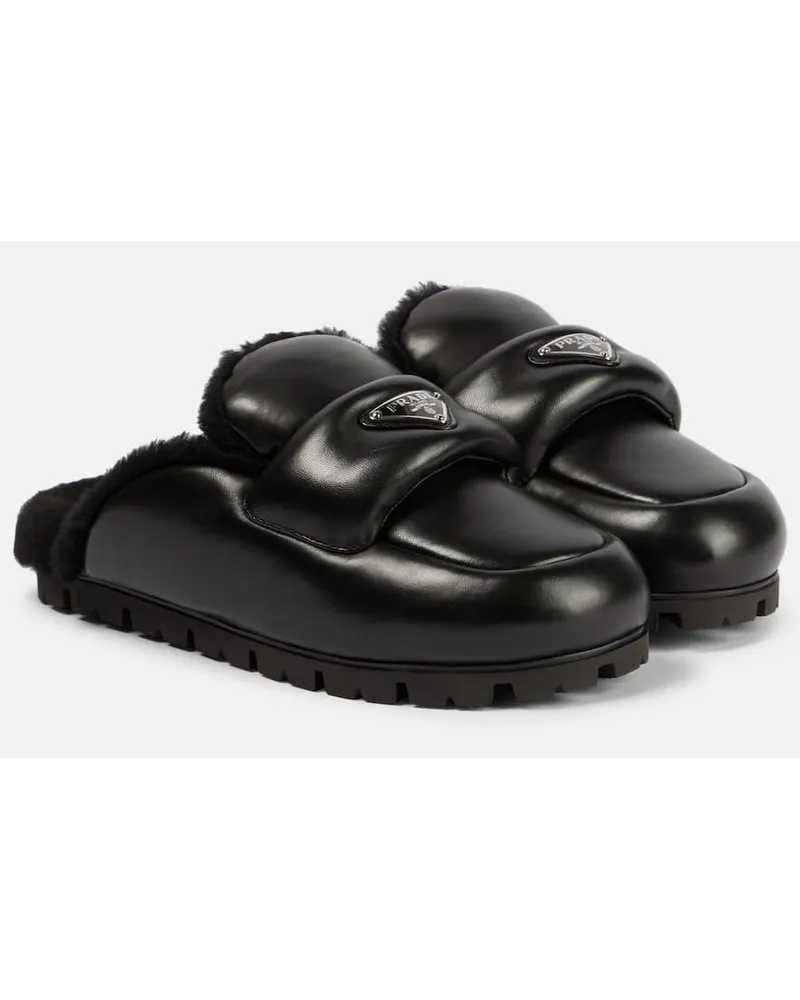 Prada Slippers Aus Leder Mit Shearling Schwarz