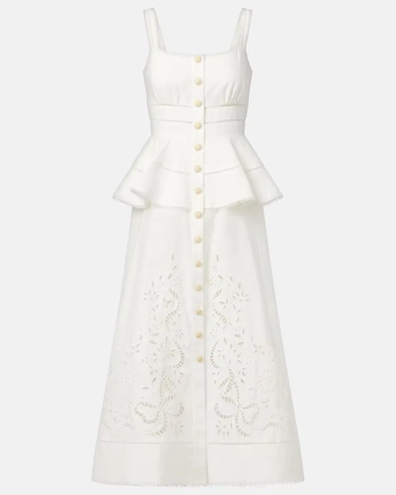 Self-Portrait Midikleid aus Leinen und Baumwolle Weiß