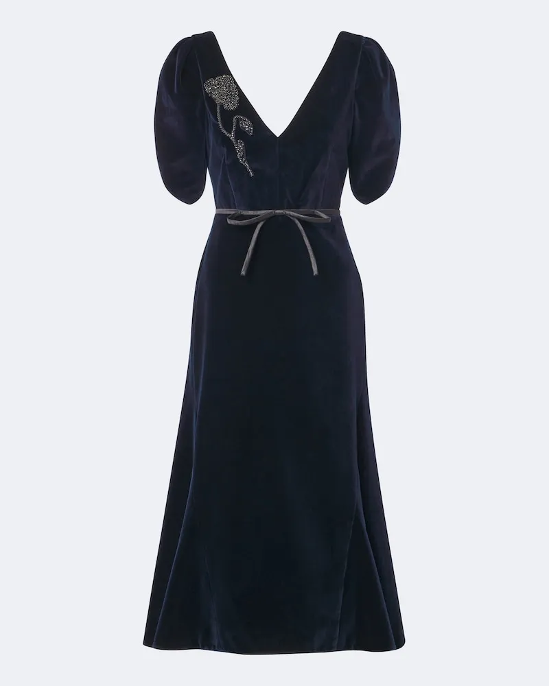 Erdem Verziertes Midikleid aus Baumwollsamt Blau