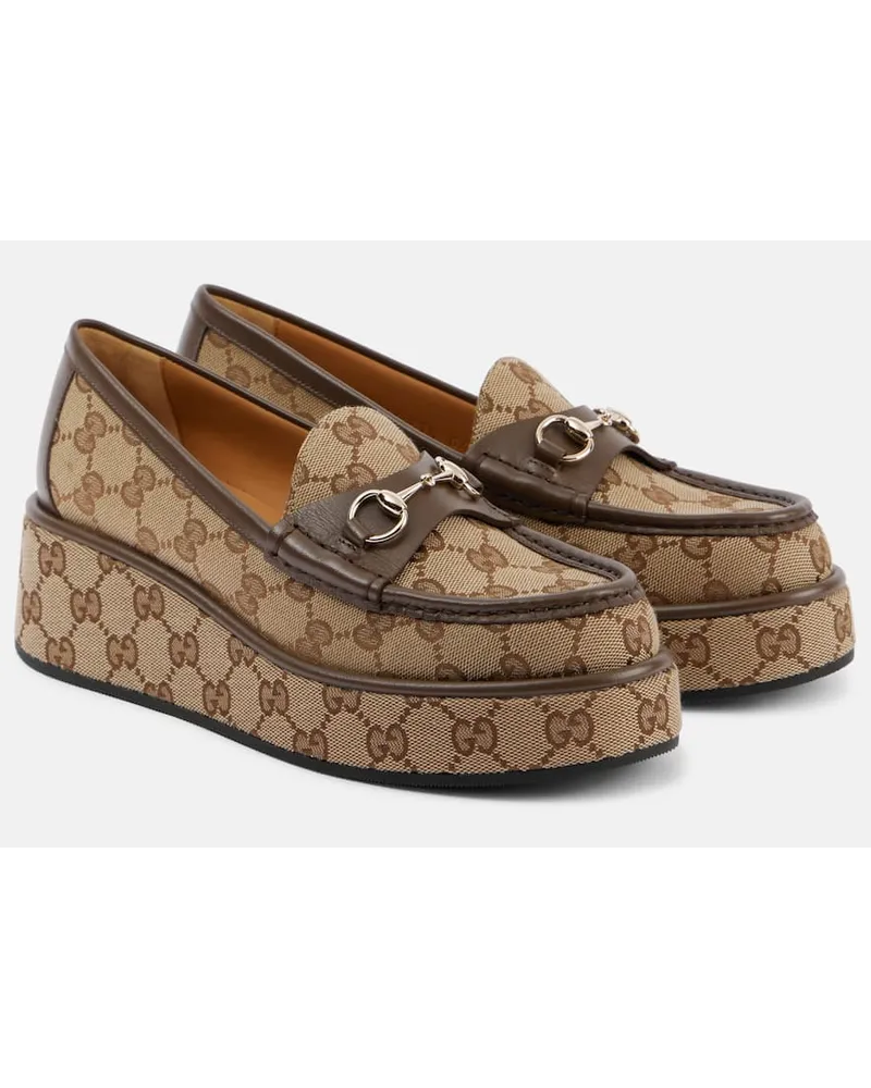 Gucci Plateau-Loafers Horsebit GG aus Canvas Beige