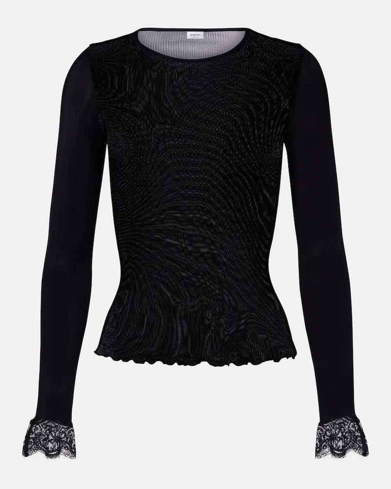 Saint Laurent Top aus Seide mit Spitze Schwarz