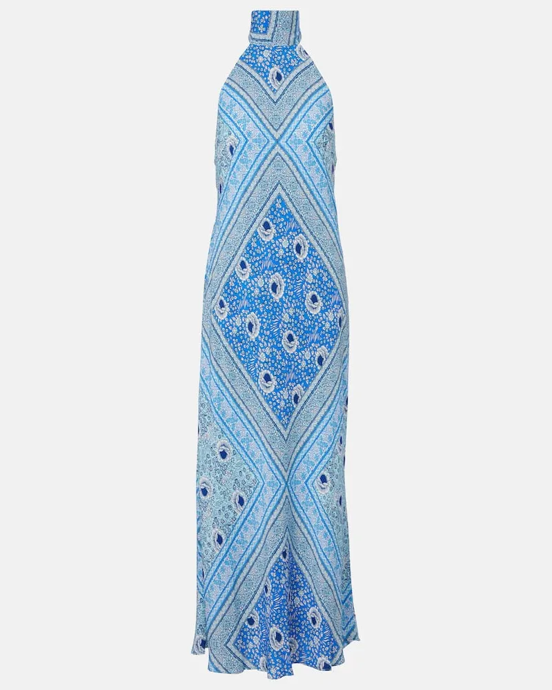 RIXO Bedrucktes Maxikleid Maura aus Satin Blau