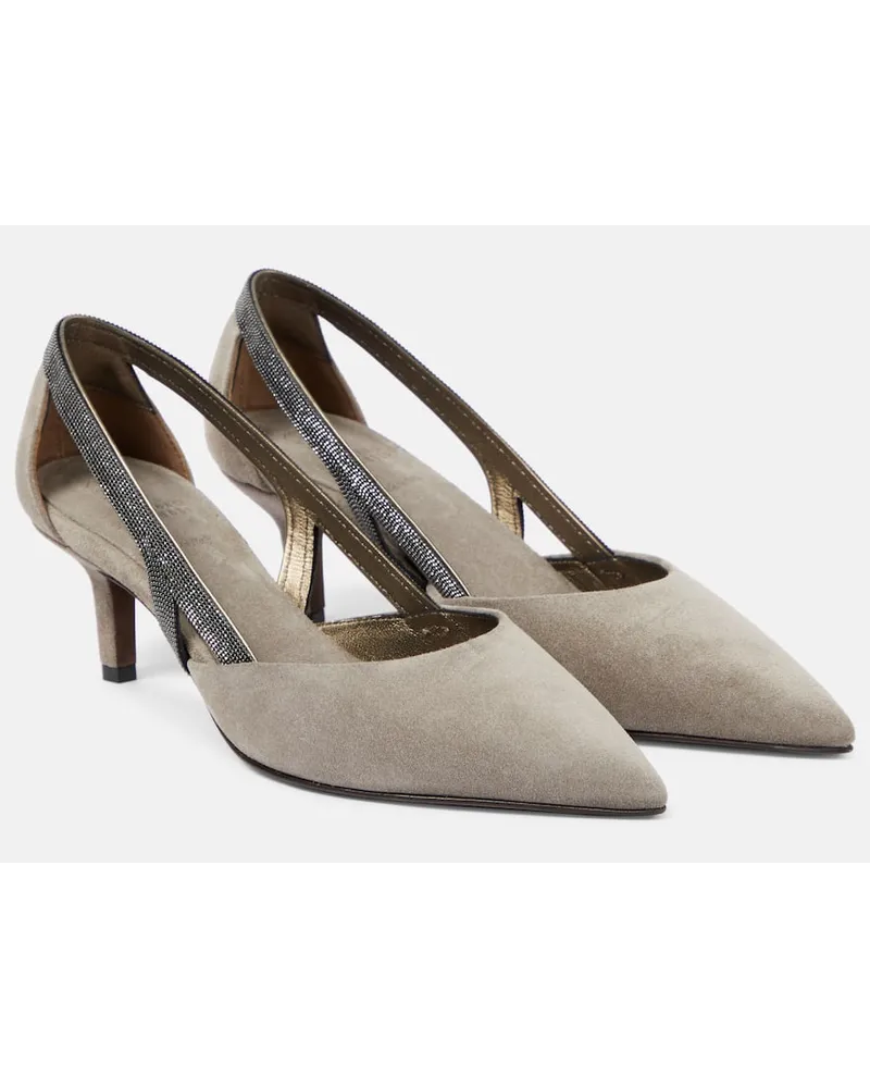 Brunello Cucinelli Verzierte Slingback-Pumps aus Veloursleder Grau
