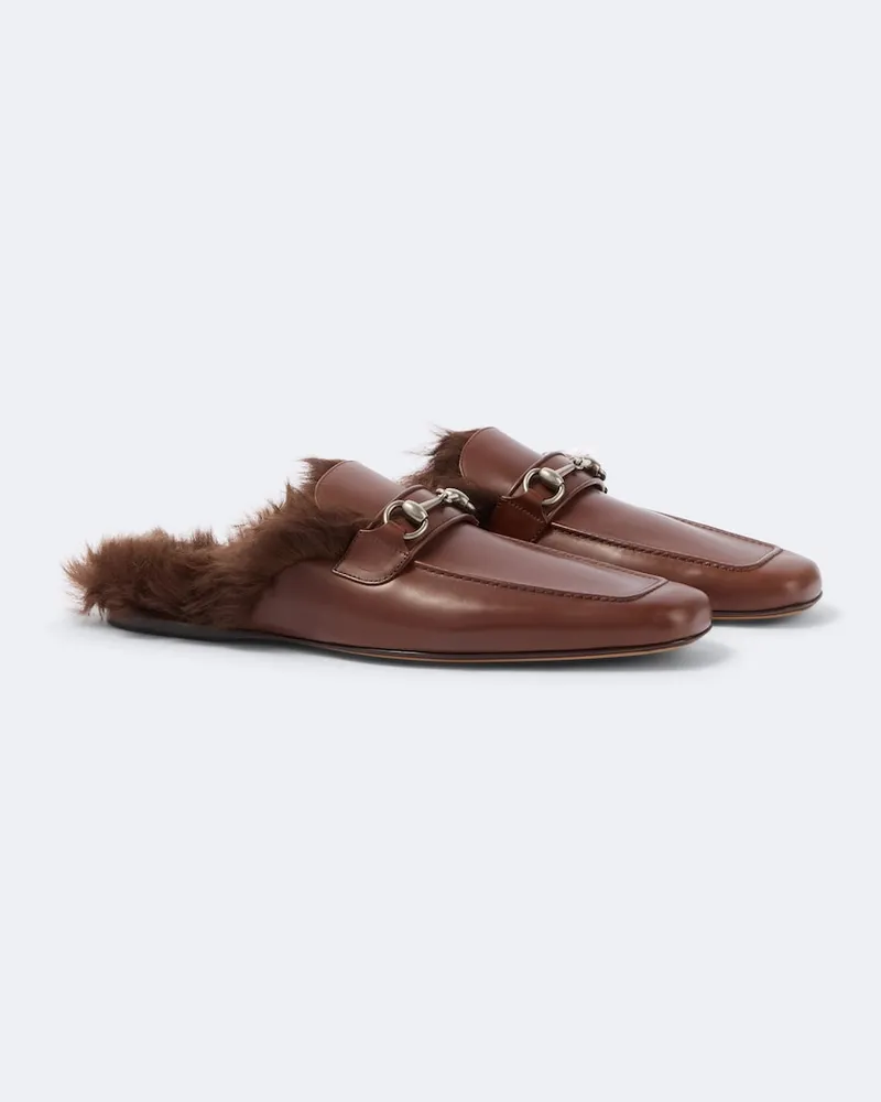 Gucci Slippers Horsebit aus Leder mit Shearling Braun