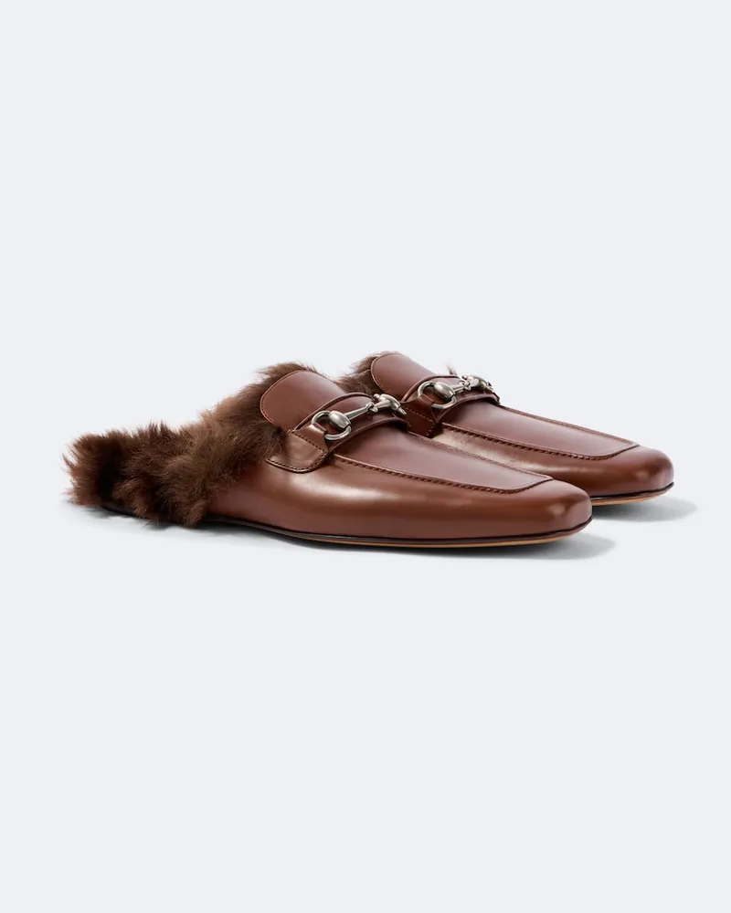Gucci Slippers Horsebit aus Leder mit Shearling Braun