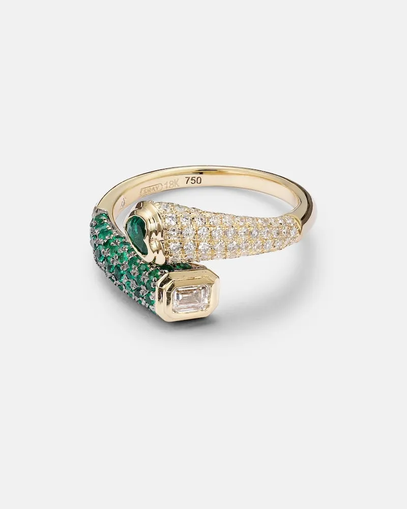 SHAY Ring Mixed Bypass aus 18kt Gelbgold mit Diamanten und Smaragden Gold