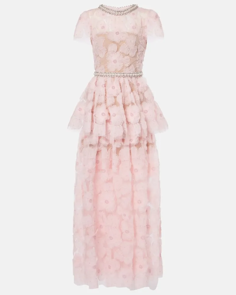 Self-Portrait Robe aus Tüll mit Kristallen und Zierperlen Pink