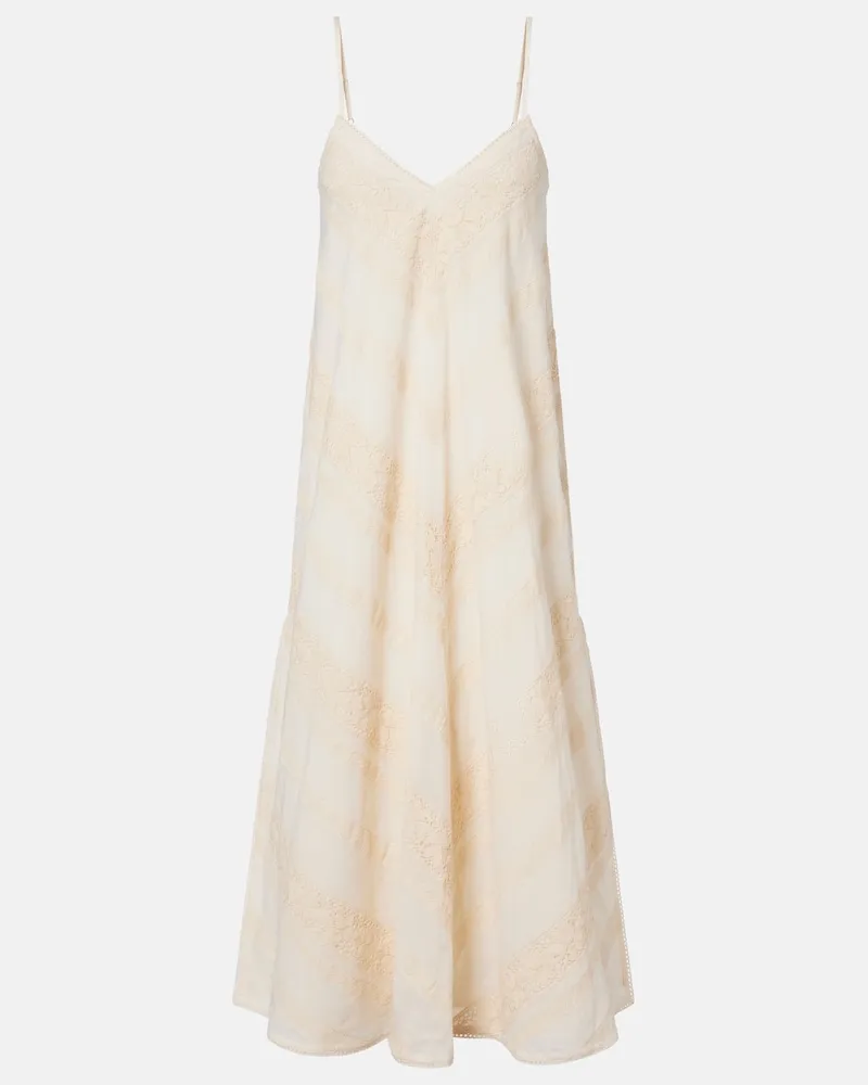 Juliet Dunn Besticktes Midikleid aus Baumwolle Beige
