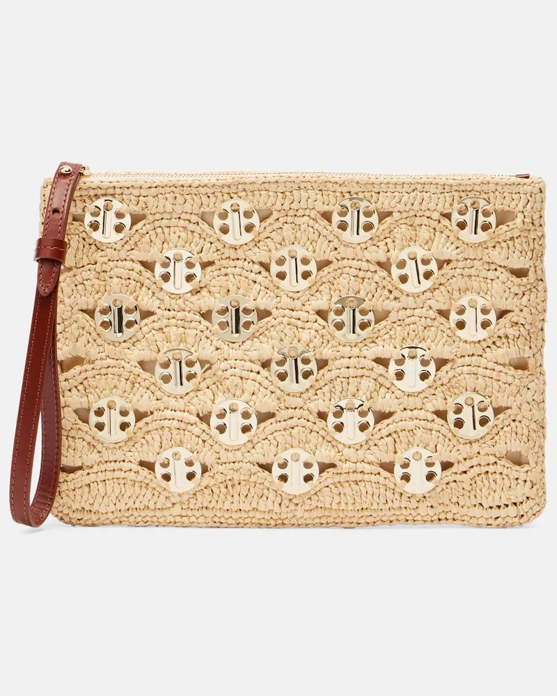 Paco Rabanne Verzierte Clutch aus Raffiabast Beige