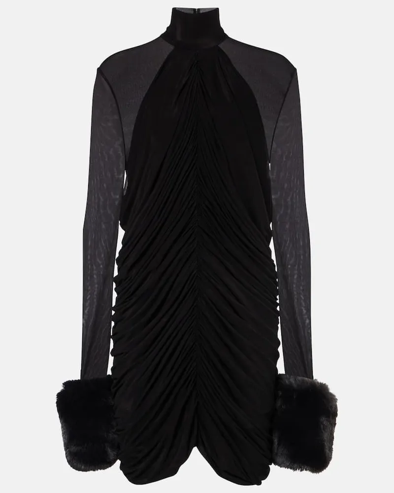 Magda Butrym Minikleid aus Mesh mit Faux Fur Schwarz