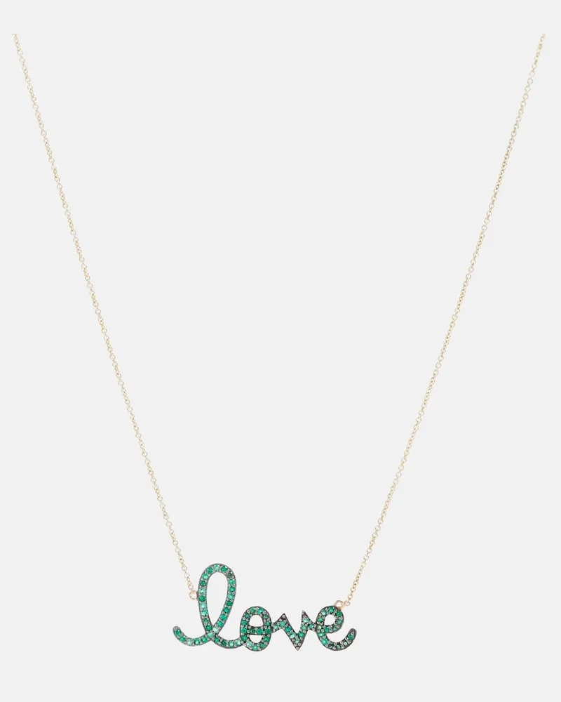 Sydney Evan Halskette Medium Love aus 14kt Gelbgold mit Diamanten Grün