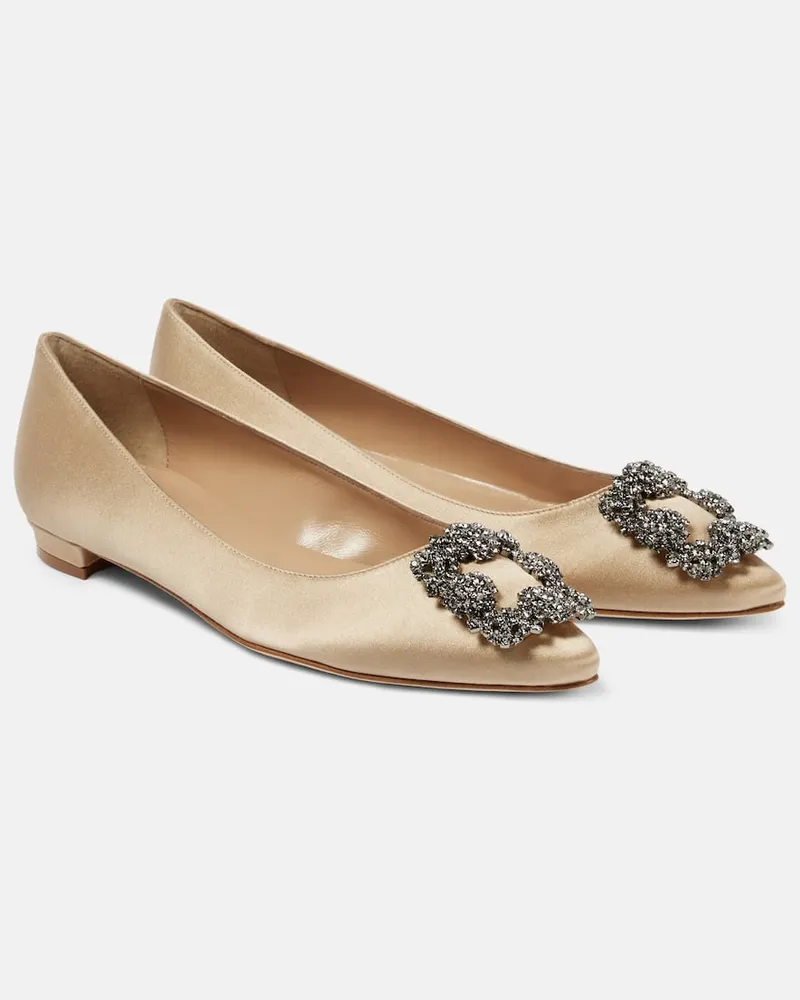 Manolo Blahnik Ballerinas Hangisi aus Satin mit Kristallen Beige