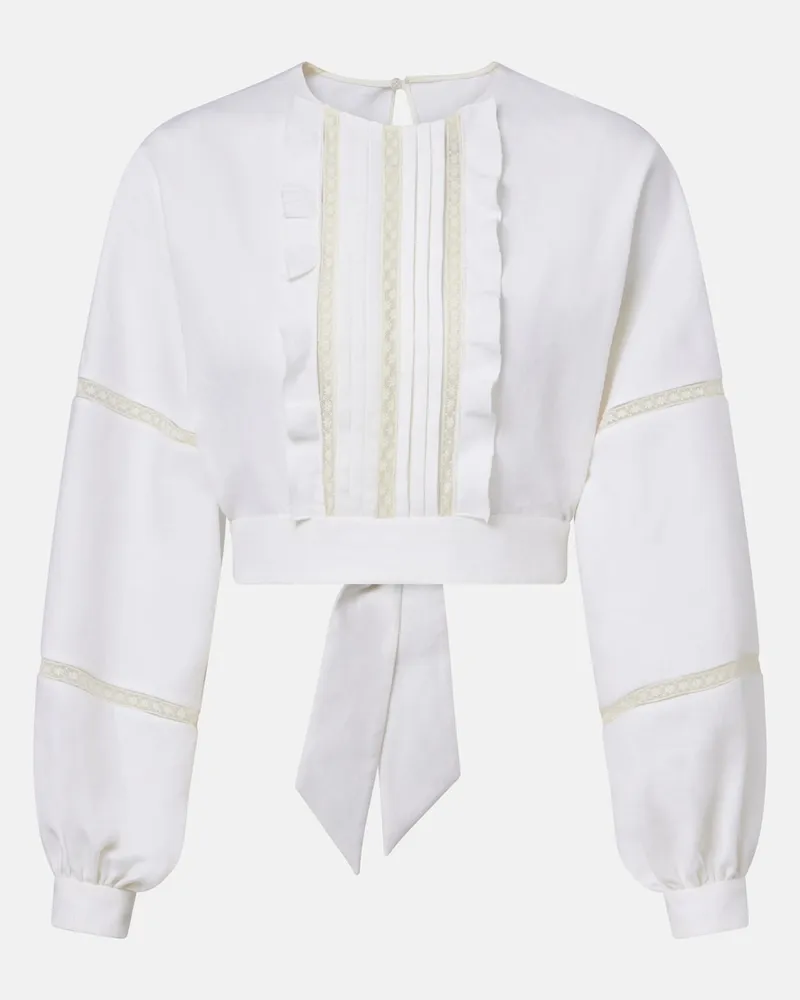 Valentino Garavani Cropped-Bluse aus Leinen mit Spitze Weiß