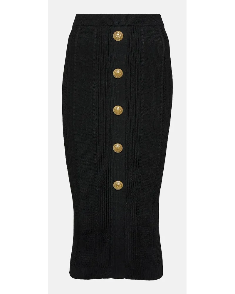 Balmain High-Rise-Midirock aus Rippstrick Schwarz