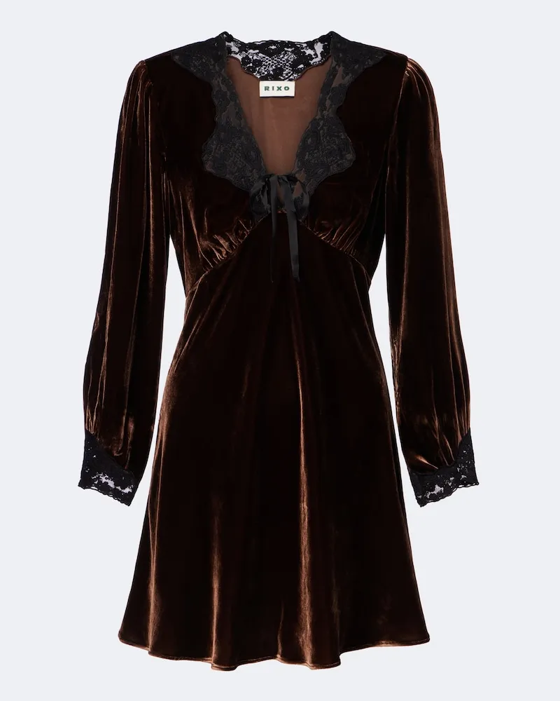 RIXO Minikleid Carolina aus Samt mit Spitze Braun