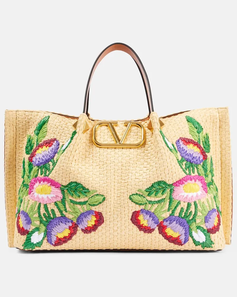Valentino Garavani Tote Bag VLogo Medium aus Raffiabast Neutral