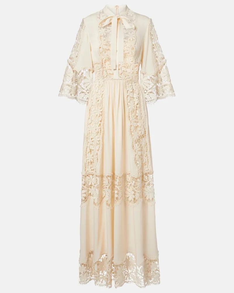 Elie Saab Robe aus Georgette und Makramee Weiß