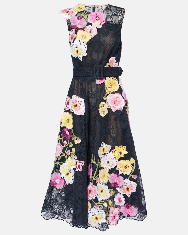 Oscar de la Renta Besticktes Cocktailkleid Orchid aus Spitze Schwarz