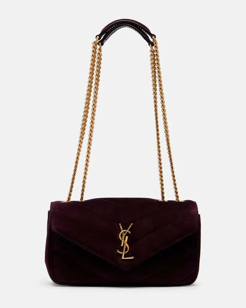 Saint Laurent Schultertasche Loulou Small aus Veloursleder Burgunderrot
