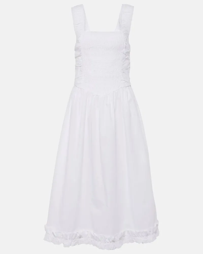 Ganni Midikleid Shirred aus Baumwollpopeline Weiß