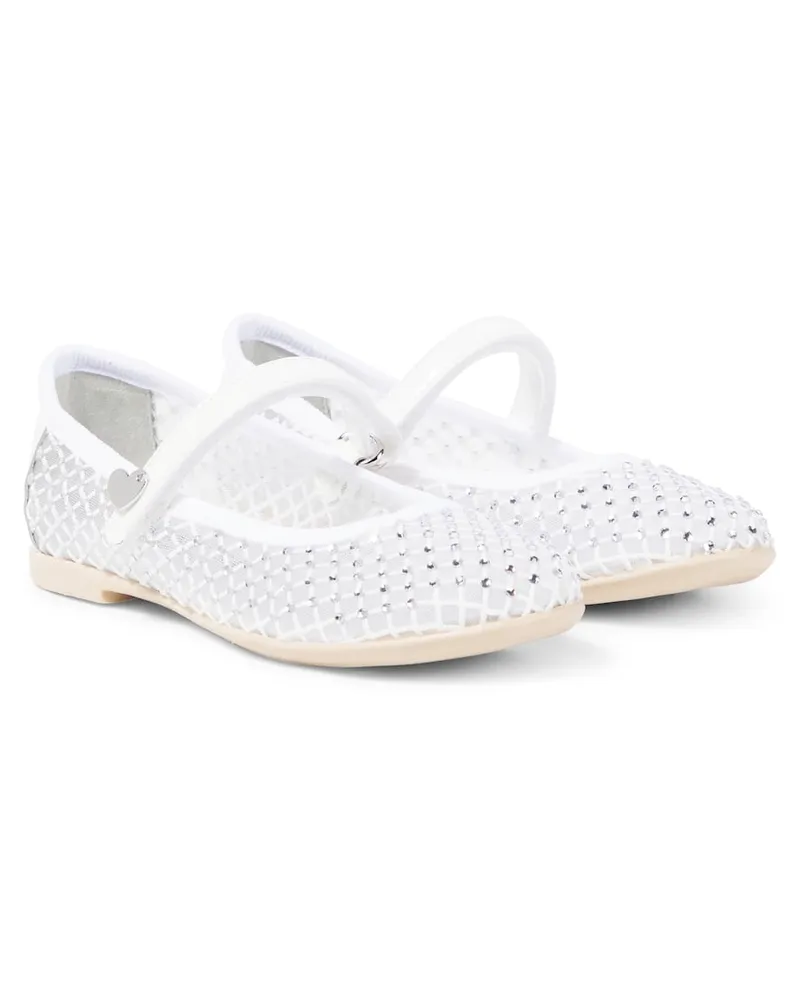 Monnalisa Mary-Jane-Ballerinas aus Mesh mit Kristallen Weiß