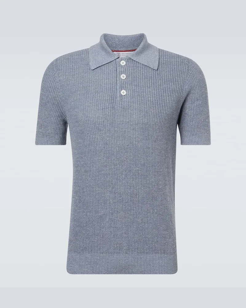 Brunello Cucinelli Polohemd aus Leinen und Baumwolle Blau