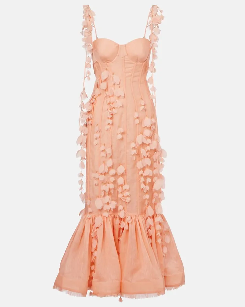 Zimmermann Midikleid Dawning aus Leinen und Seide Rosa