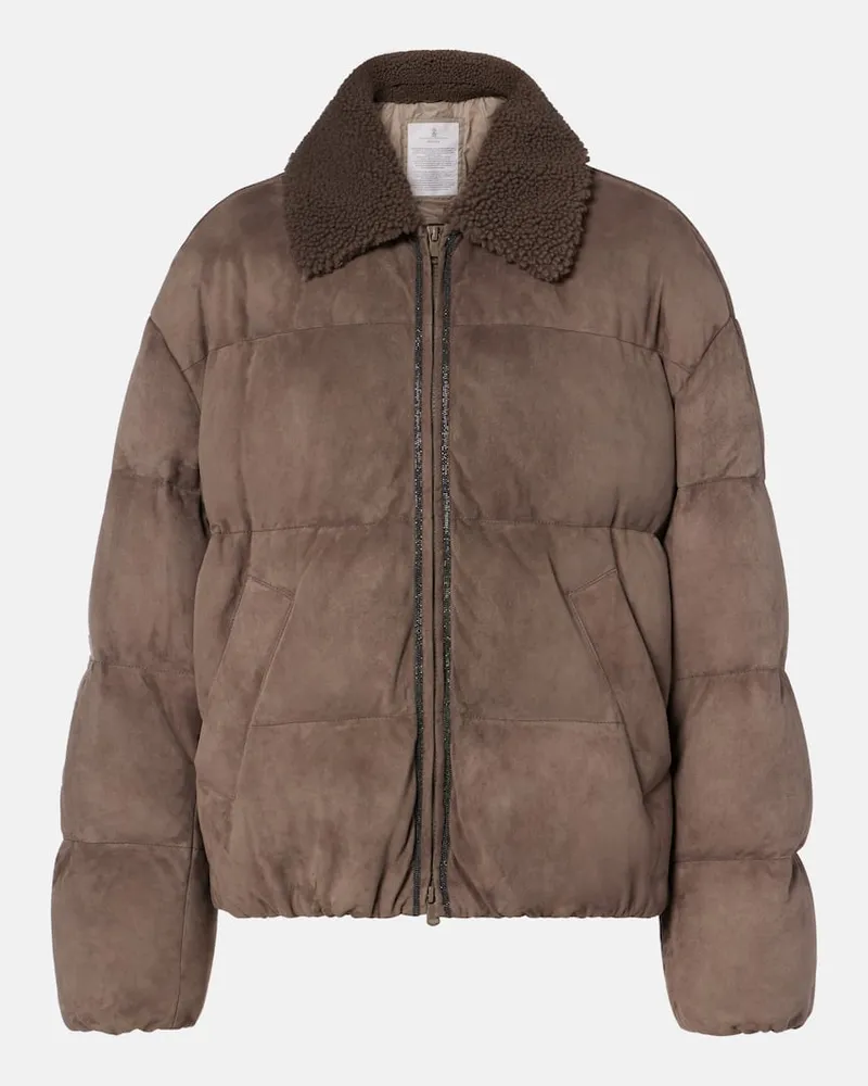 Brunello Cucinelli Daunenjacke aus Veloursleder Grau
