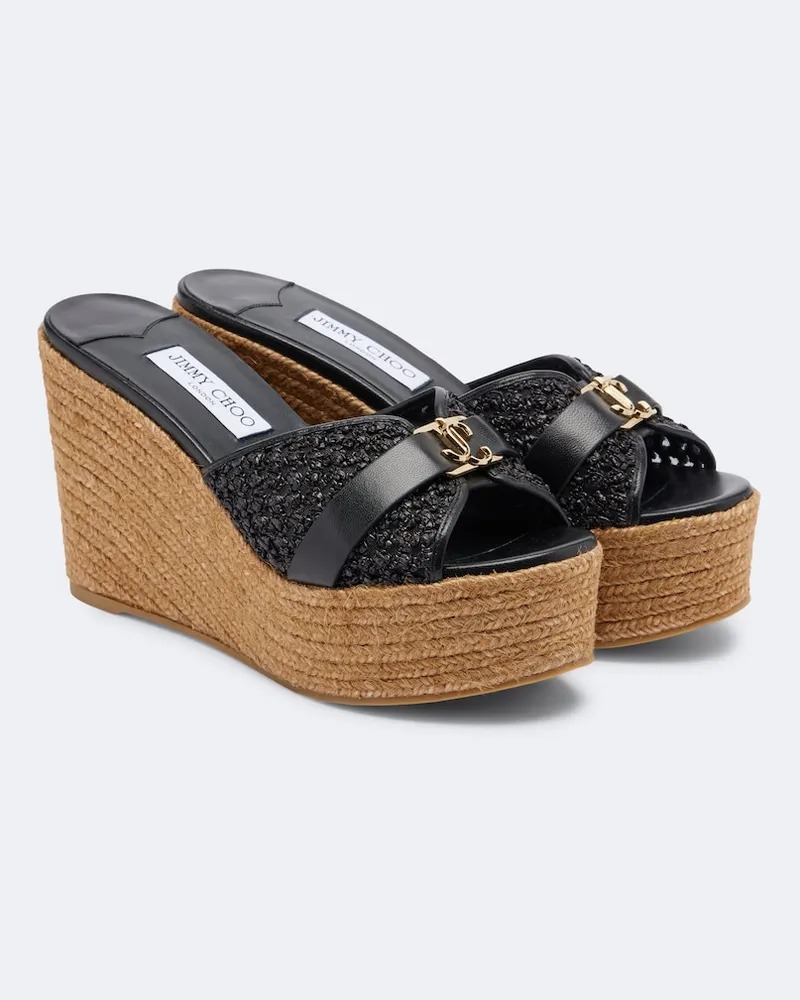 Jimmy Choo Wedge-Pantoletten Leda aus Raffiabast mit Leder Schwarz