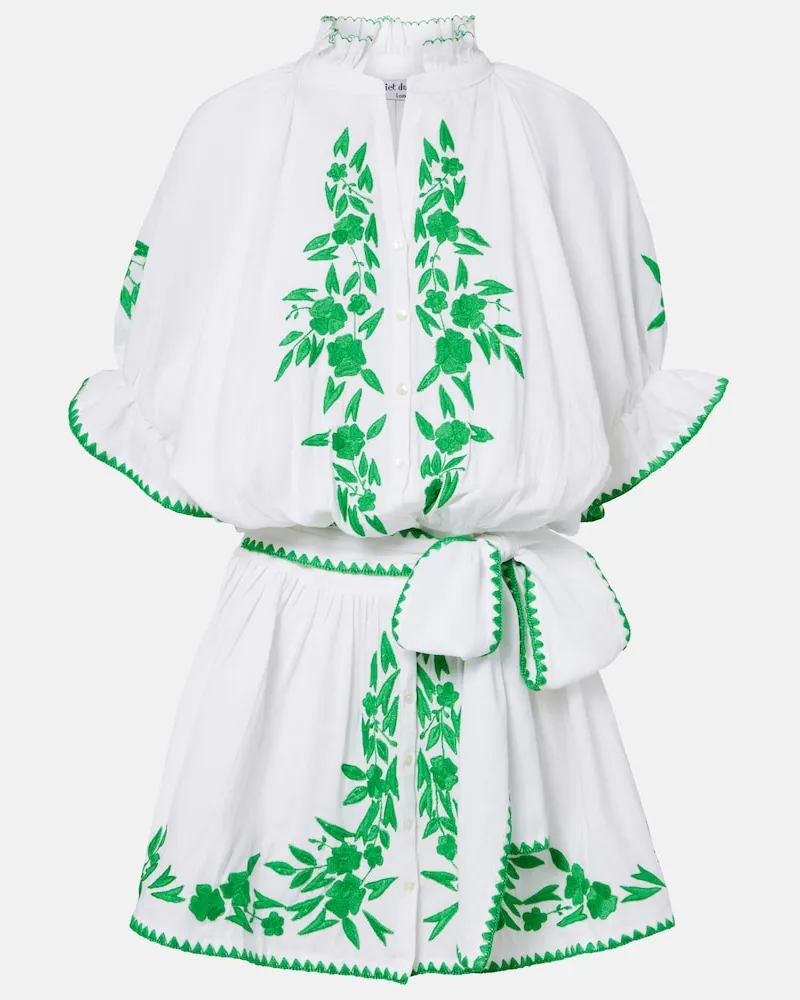Juliet Dunn Besticktes Minikleid aus Baumwolle und Leinen Weiß
