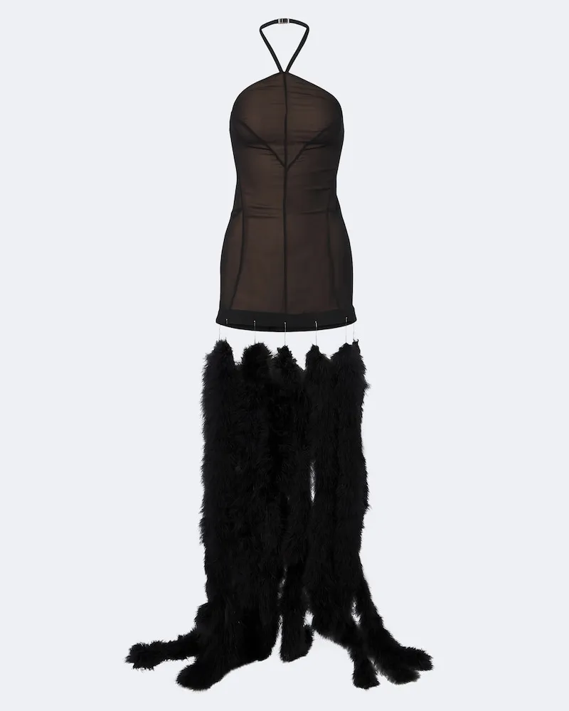 ATTICO Maxikleid mit Federn Schwarz