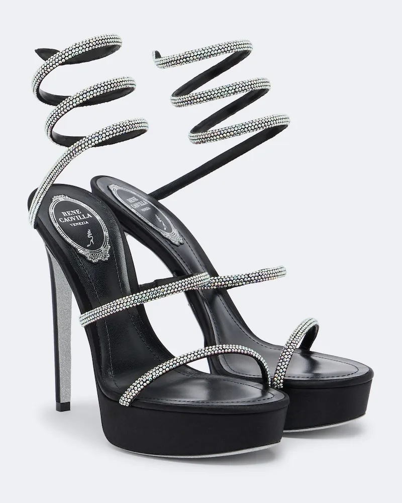 René Caovilla Verzierte Plateausandalen Cleo aus Satin Schwarz