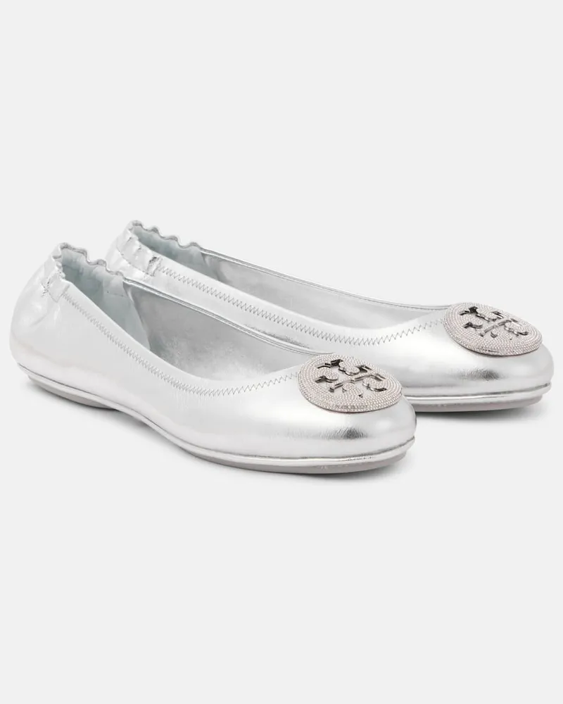 Tory Burch Ballerinas Minnie aus Metallic-Leder Silber