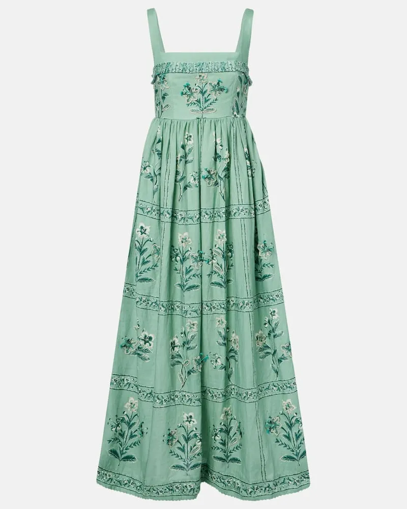 AGUA BENDITA Besticktes Maxikleid Barbara aus Leinen Grün