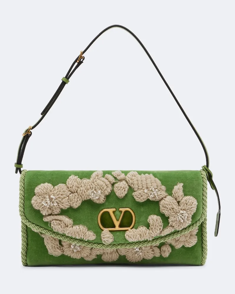 Valentino Garavani Verzierte Schultertasche DeVain aus Samt Grün
