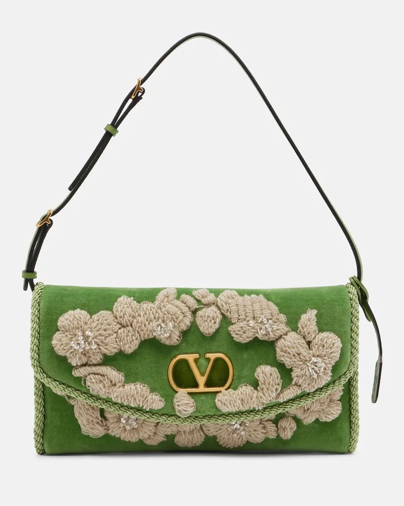 Valentino Garavani Verzierte Schultertasche DeVain aus Samt Grün