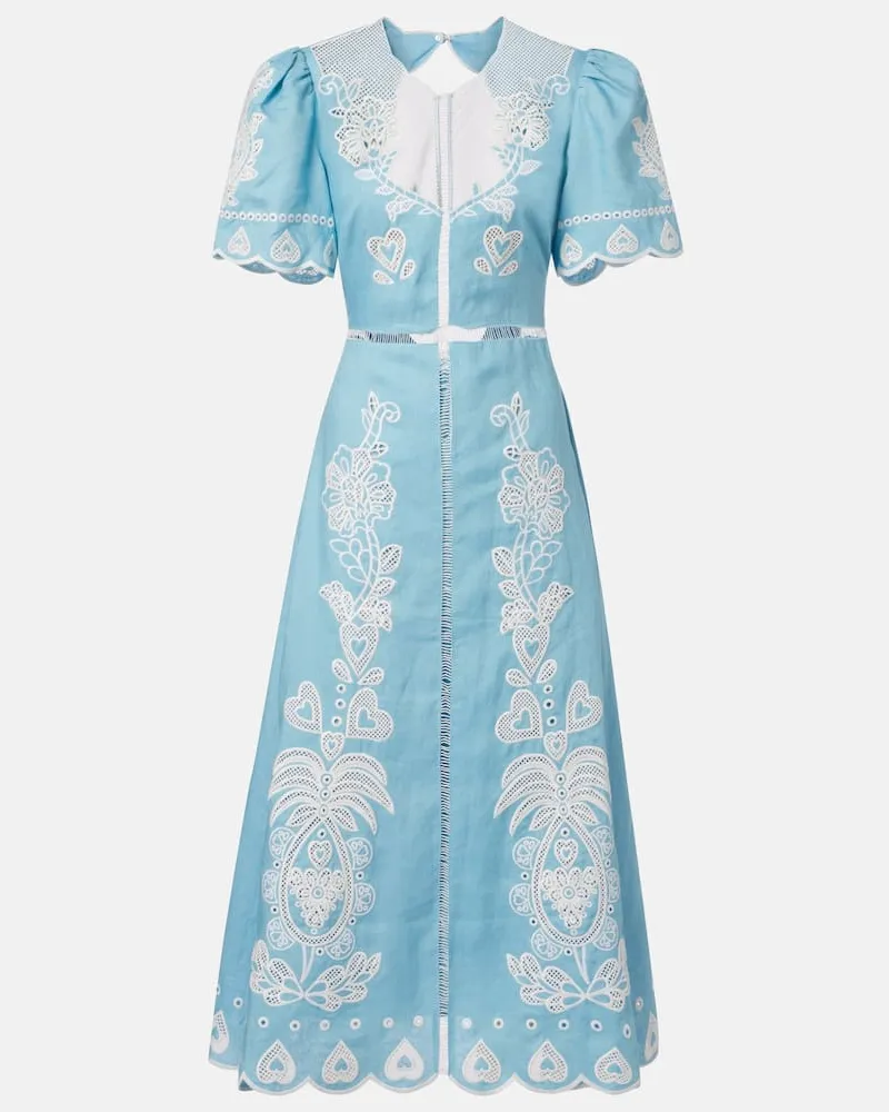 FARM Rio Besticktes Midikleid aus Leinen Blau
