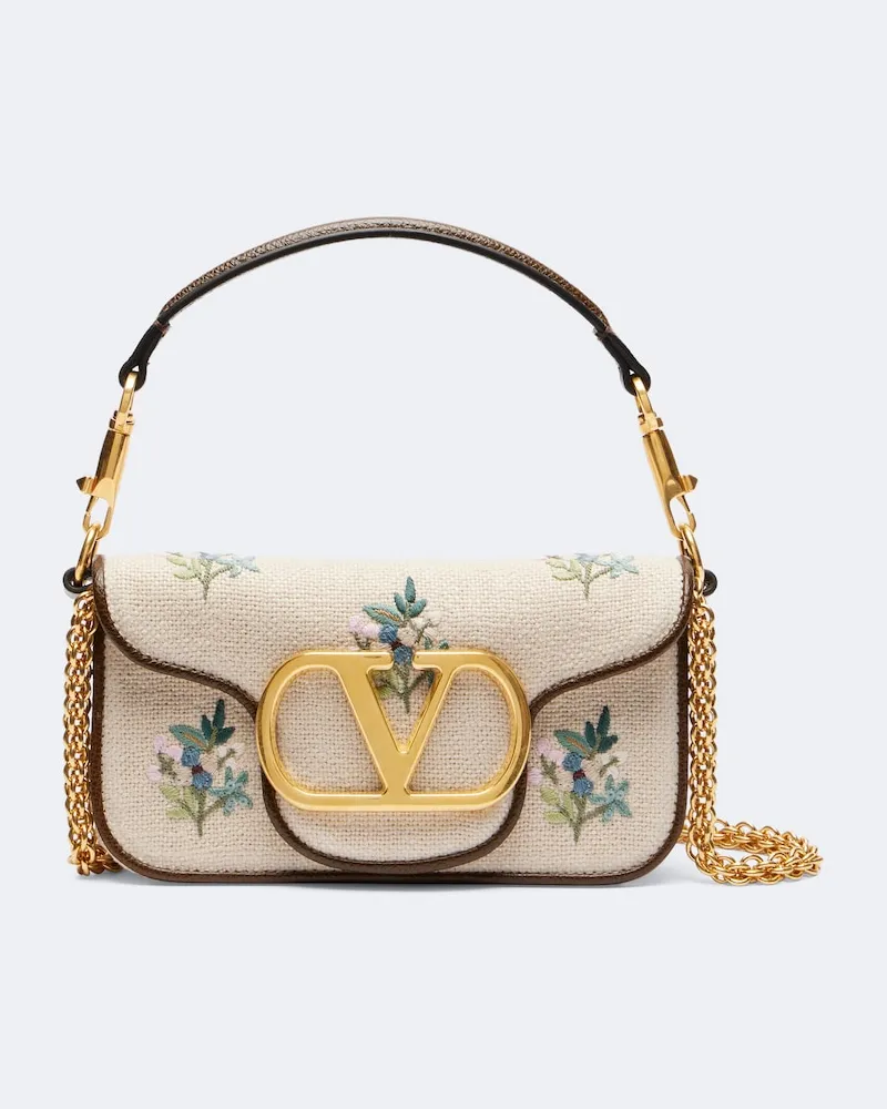 Valentino Garavani Bestickte Henkeltasche Locò Small aus Leinen Beige